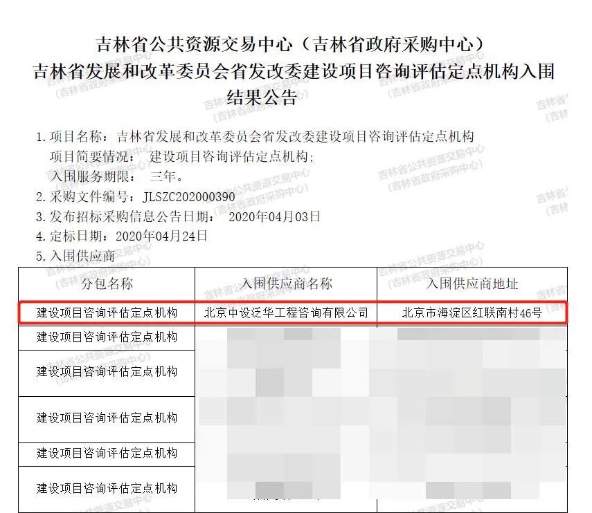 中设泛华入围吉林省发展和改革委员会(本级)省发改委建设项目咨询评估定点机构