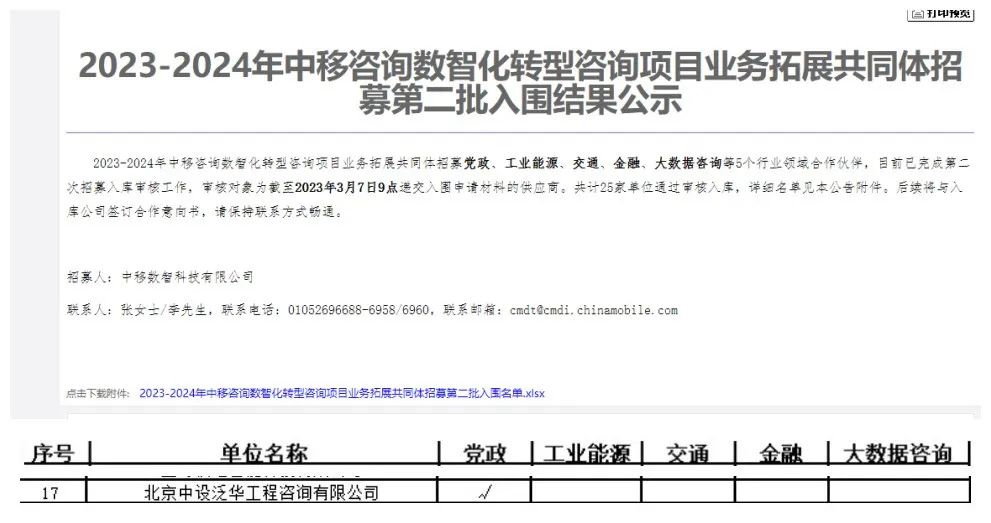 中设泛华入围2023-2024年中移咨询数智化转型咨询项目业务拓展共同体咨询机构库